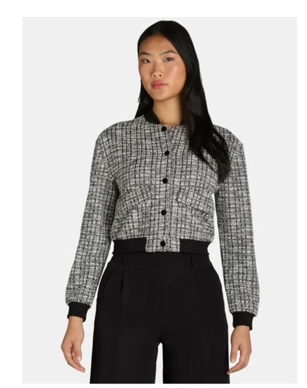 MADDEN NYC Juniors Size: Small Black & White Plaid Check Boucle Jacket Preppy